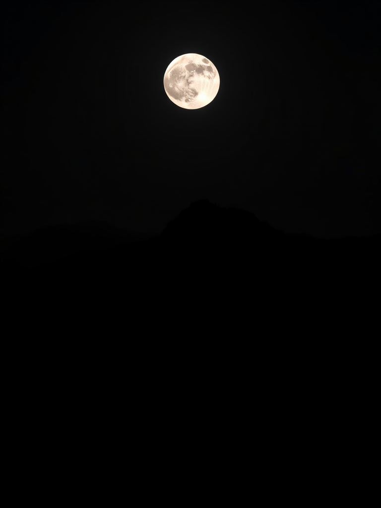 Create a high-contrast silhouette image of a mountain landscape with a dog in the foreground and a large moon in a dark sky, capturing the scene from a low angle using a DSLR camera, 50mm lens, f/2.8 aperture, 1/200 sec shutter speed, and ISO 100 for enhanced image quality.
