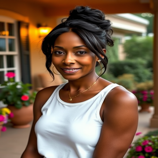 A photo of Angela Bassett with a background of a cozy porch. She has dark hair pulled back in an updo, with tendrils framing her face. She wears a white tank top and sits on the porch. The porch is part of a well-lit home with a warm, earthy tone and colorful flowers and foliage. The overall scene has a warm, welcoming, and comfortable ambiance.