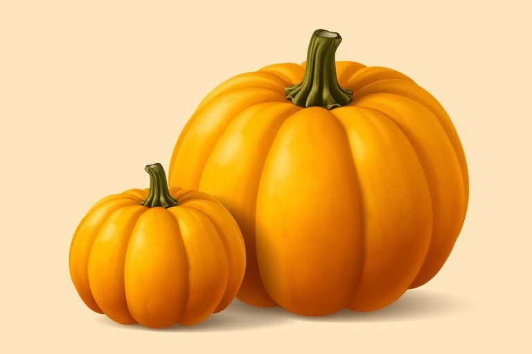Create a high-resolution digital illustration of two pumpkins, one large and one small, with a smooth texture and vivid yellow-orange colors, set against a soft beige background, using a Canon EOS R, f/2.8 aperture, ISO 100, and a slightly elevated angle for a perspective view.