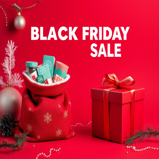 Create a festive Black Friday sale advertisement featuring a red background with holiday decorations, a Santa sack filled with gifts on one side and a beautifully wrapped red gift box on the other, using a DSLR camera, f/2.8 aperture, 50mm lens, shot from eye level, with vibrant colors and high contrast for enhanced image quality.