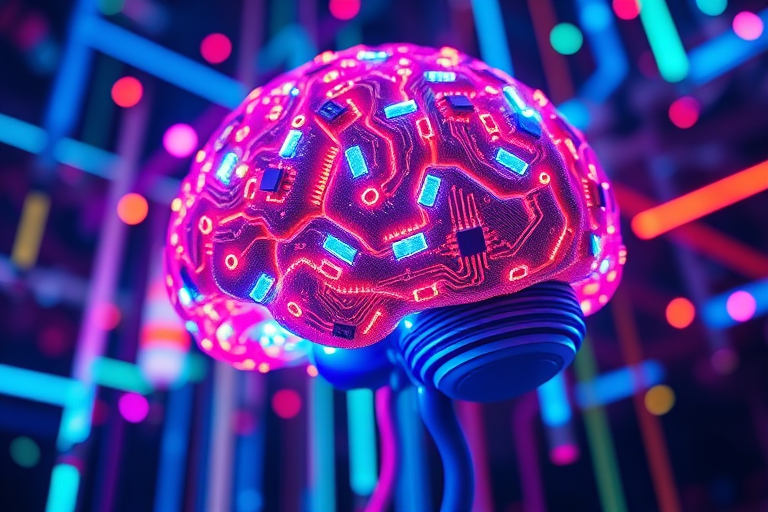 Create a vibrant, futuristic image of a glowing brain made of neon circuits and colorful lights, using a Canon EOS R5 with a 24-70mm f/2.8 lens, f/4 aperture, 1/100s shutter speed, ISO 200, captured from a dynamic low-angle perspective to emphasize depth and detail, in high dynamic range style.
