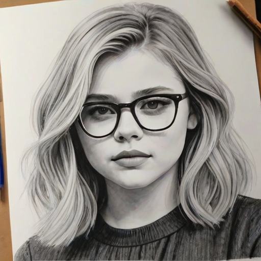 Attractive Chlo' Grace Moretz, pencil sketch, portrait of Gorgeous woman 1941s in glasses, hair style beatnik, outline, clear lines, fine lines, 8k