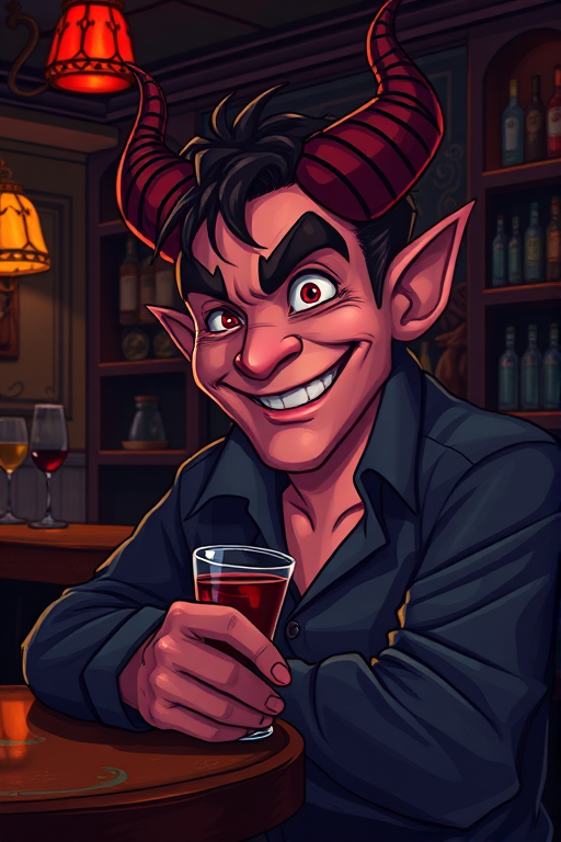 A vibrant, detailed illustration of a smiling devilish character sitting in a cozy, dimly-lit bar with a glass of red beverage, showcasing rich textures and contrasting shadows, captured with a DSLR camera at f/2.8, 1/100s, ISO 200, 35mm lens, from a slightly elevated angle to add depth and focus on the character, in a hyper-realistic painting style.