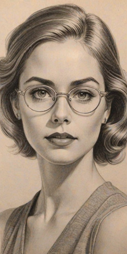 Fascinating Christina Moore, pencil sketch, portrait of Captivating woman 1936s in glasses, hair style beatnik, outline, clear lines, fine lines, 8k