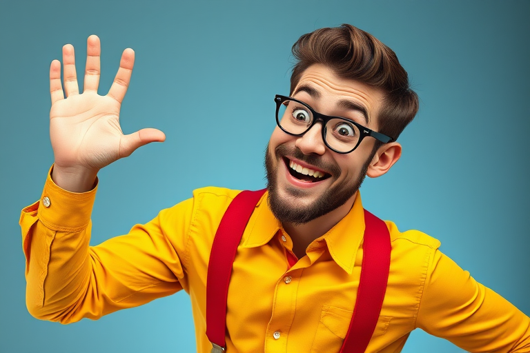 Regenerate a vibrant cartoon-style image of a man in a yellow shirt with red suspenders, posing playfully with one hand raised, using a Canon EOS 5D Mark IV, aperture f/2.8, shutter speed 1/250s, ISO 200, in a studio setting with softbox lighting for enhanced clarity and color vibrancy.
