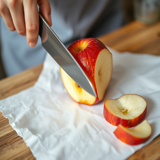Close-up of a person peeling a red apple with a knife on a white paper towel, natural lighting, f/2.8 aperture, 50mm lens, DSLR camera, shallow depth of field, focus on the apple and hands.