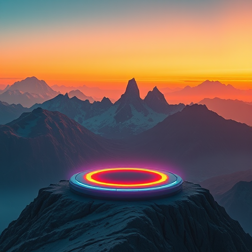 futuristic mountain landscape with a glowing circular platform, vibrant blue and orange lighting, photorealistic style, Canon EOS R5, 24mm f/1.4 lens, aperture f/2.8, ISO 200, 1/125 sec, high dynamic range imaging