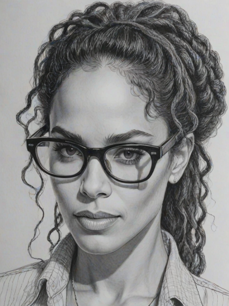 Alluring Lisa Bonet, pencil sketch, portrait of Dazzling woman 1973s in glasses, hair style beatnik, outline, clear lines, fine lines, 8k