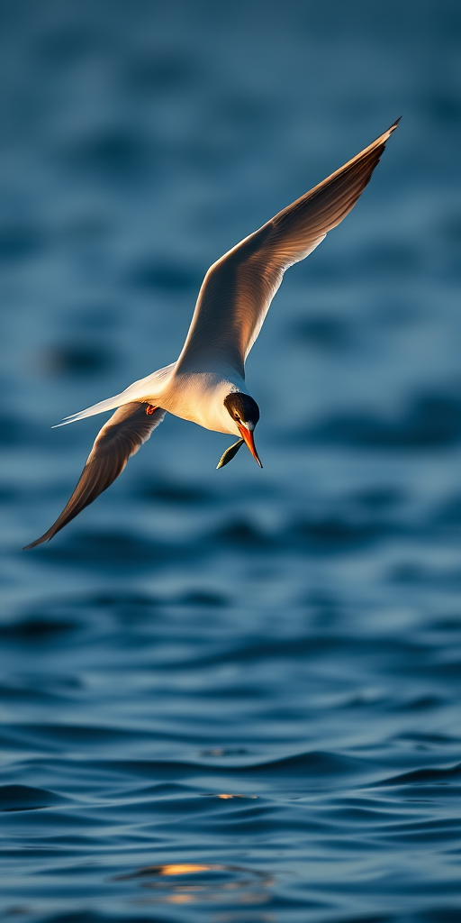 A high-resolution image of a tern in flight, catching a fish above a calm blue water surface, photographed at dawn with a Canon EOS-1D X Mark III, 400mm lens, f/5.6, ISO 800, 1/2000s, soft focus background for depth, emphasizing the bird's detail and motion.