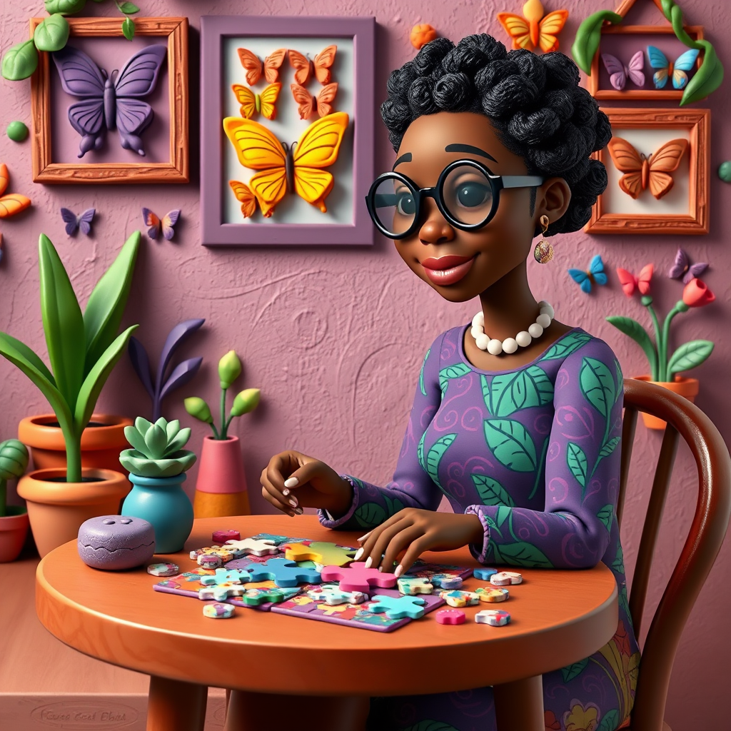 A vibrant and whimsical illustration of an african american woman sitting at a table working on a colorful jigsaw puzzle. she is wearing round glasses, and patterned clothing in shades of purple and green.  The background features an eclectic collection of framed butterflies, potted plants, and other natural elements, creating a warm and inviting atmosphere. The style is playful and modern, with rich textures, intricate details, and a lively color palette.
