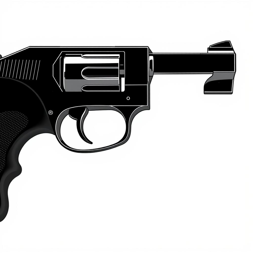 high-resolution illustration of a detailed handgun, side view, clean lines, monochrome style, DSLR camera, f/5.6 aperture, 1/125 sec shutter speed, ISO 100, soft lighting