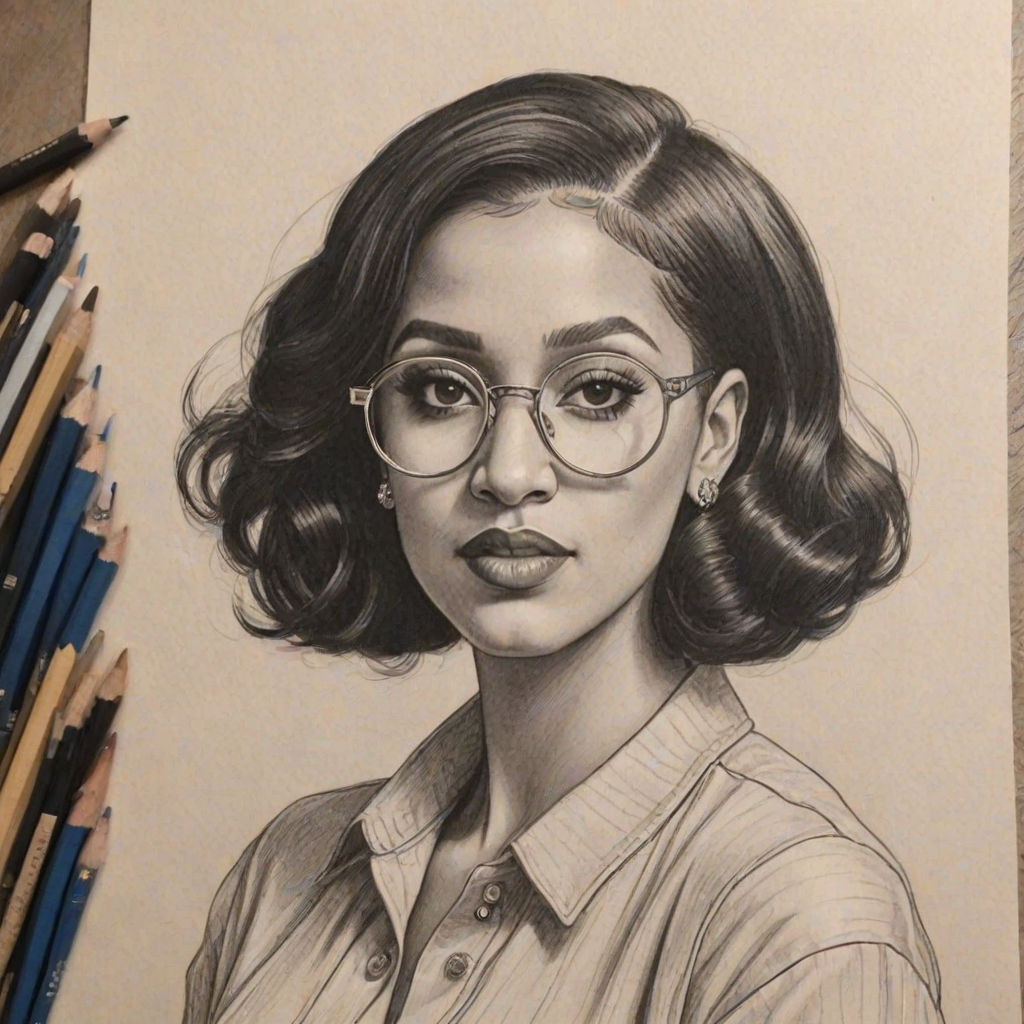Stunning Cardi B, pencil sketch, portrait of Sublime woman 1925s in glasses, hair style beatnik, outline, clear lines, fine lines, 8k