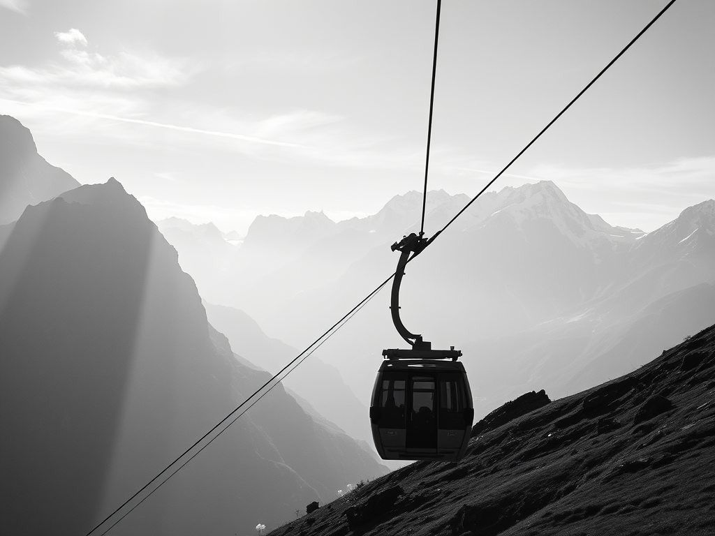 Regenerate a high-contrast black and white image of a cable car ascending a mountain with a dramatic backdrop, captured with a Canon EOS R5, 50mm lens, f/8 aperture, ISO 100, and shutter speed at 1/1000 sec, from a low angle perspective to emphasize the scale of the mountains.