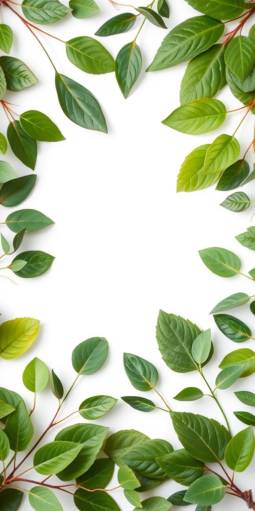 capture a botanical frame design with various green leaves surrounding a blank square in the center, soft focus, white background, 50mm lens, f/2.8 aperture, natural lighting, DSLR camera