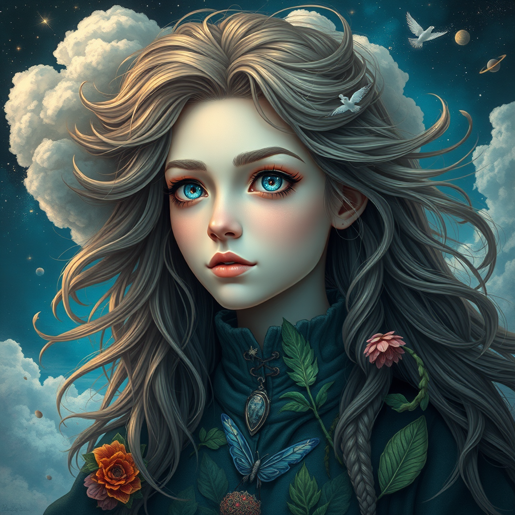 Create a series of imaginative portraits where each subject is infused with elements of fantasy and nature. The hair of the individuals should flow like clouds, varying from soft, fluffy cumulus to wispy cirrus strands, with hints of color reflecting a sunset or a clear blue sky. The eyes should be windows to entire galaxies, with stars, nebulae, and distant planets visible within them. Clothing should be adorned with nature motifs, such as floral patterns that bloom and change, vines that seem to grow and wrap around, or feathers that shimmer with iridescence. Each portrait should capture a unique personality, blending human features with the ethereal beauty of the natural and cosmic world. The backgrounds can vary, from starry night skies to enchanted forests, adding depth and context to the magical realism of the portraits