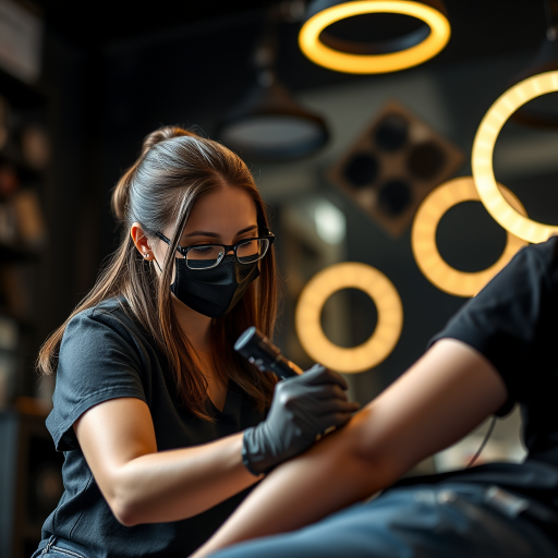 portrait of a female tattoo artist working on a client's arm in a modern tattoo studio with circular LED lights in the background, soft focus background, Canon EOS R, 50mm f/1.8, ISO 400, aperture f/2.8, shutter speed 1/60s, natural lighting