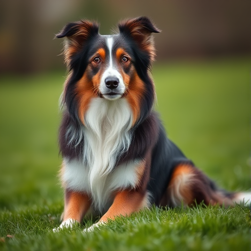 Capture a portrait of a Collie sitting gracefully on lush green grass, focusing on its majestic fur and expressive face, using a DSLR camera with a 50mm lens at f/1.8, ISO 200, and a shutter speed of 1/200s, in natural light with a slight bokeh effect in the background.