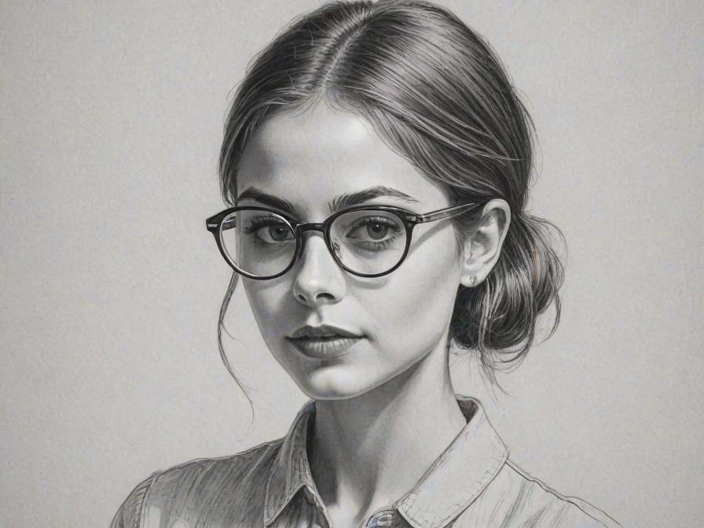 Stunning Willa Holland, pencil sketch, portrait of Beauteous woman 1957s in glasses, hair style beatnik, outline, clear lines, fine lines, 8k