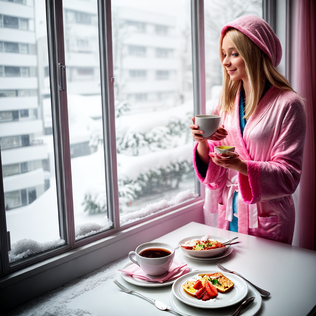 front view of blonde female in pink robe and white silk undergarments ...