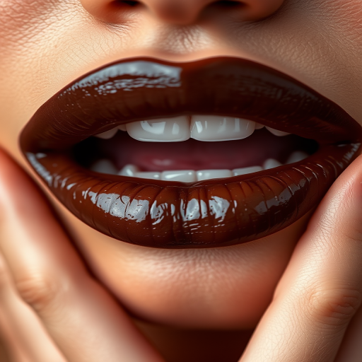 Rich chocolate brown woman lips with glossy texture, offering a unique twist on traditional dark lip colors