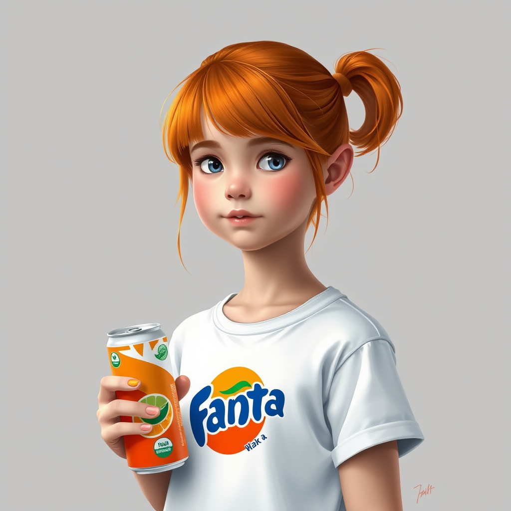 3D painting portrait of a young girl, orange hair, wearing white t-shirt, holding a can of Fanta. simple grey bg. vibrant color.