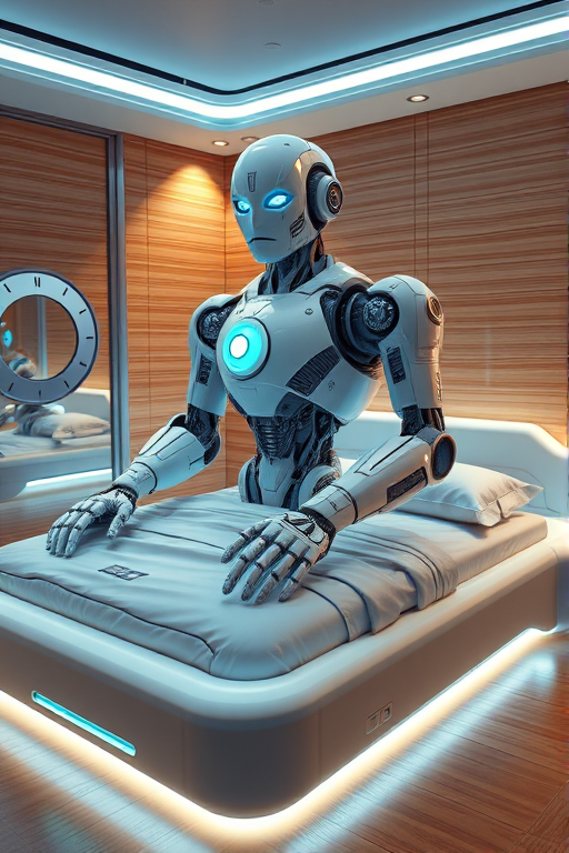 he image is a highly detailed CGI rendering of a futuristic, high-tech bedroom with a striking centerpiece: a bed shaped like a giant humanoid robot. The robot, predominantly white and silver, is seated on a bed with a sleek, modern design. It features intricate mechanical details, glowing blue eyes, and a glowing circular emblem on its chest. The bed frame is white with a futuristic, neon-lit edge, which adds a striking contrast to the room's warm, natural tones.