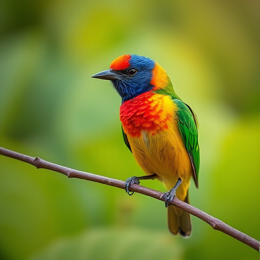 Capture a vibrant bird perched on a branch with a blurred green background, with soft natural lighting, using a Canon EOS 90D with a 70-200mm f/2.8 lens, aperture set to f/4, ISO 200, shutter speed at 1/500s, shooting from a 45-degree angle for depth.