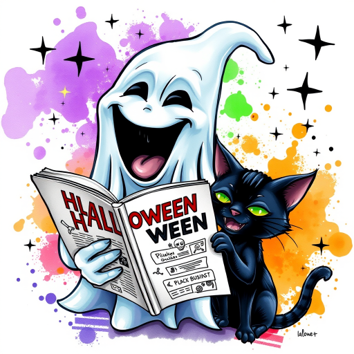 Image of a ghost and a black cat laughing exaggeratedly , and reading a comic halloween comic book, alcohol ink airbrush style, funny halloween theme, white background with neon purple, neon orange, neon green splash, black sparkles stars , dazzling BG