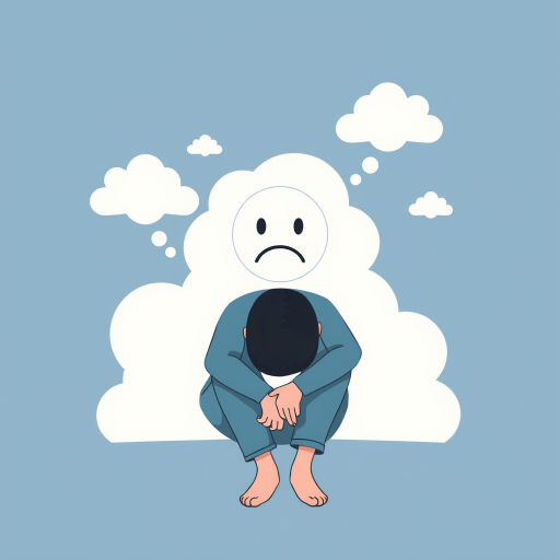 Create an illustration depicting a person sitting with a slumped posture, surrounded by cloud-like shapes representing negative thoughts, incorporating a large sad face icon, use soft pastel colors and a minimalist design style, shot with a Canon EOS R5, 50mm lens, aperture f/1.8, ISO 200, natural light for enhanced clarity and depth.