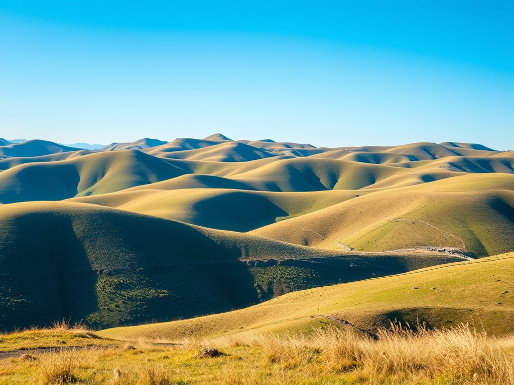 Generate a high-resolution image of a serene landscape featuring rolling hills and a clear blue sky, captured with a Canon EOS R5, f/4 aperture, shutter speed 1/125s, ISO 100, wide-angle lens, and a landscape view to enhance depth and color vibrancy.