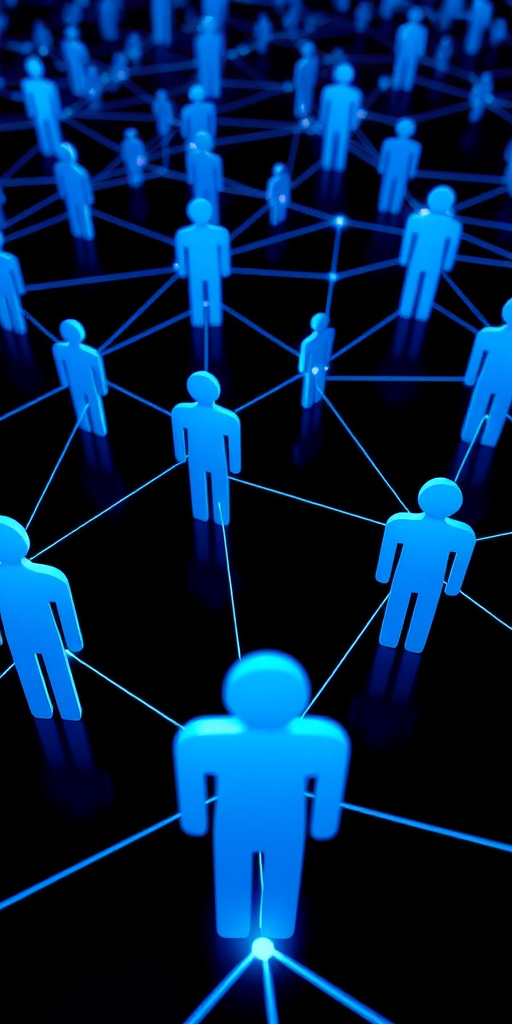 Create a high-resolution image of a network of stylized blue silhouette figures interconnected by light lines, using a 50mm lens, aperture f/2.8, ISO 100, shot from a high-angle view with a digital SLR camera to enhance depth and clarity.
