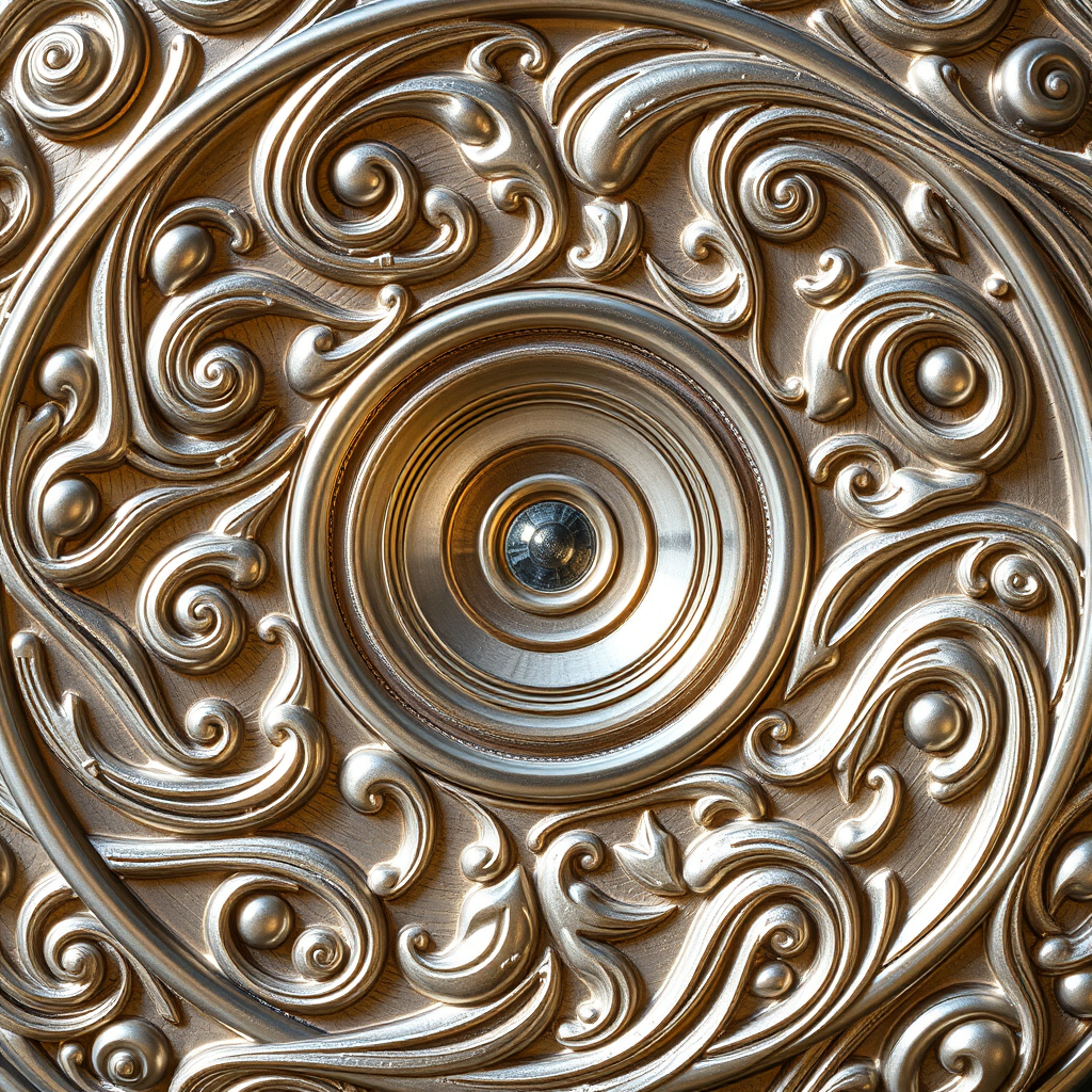 Create a highly detailed image of a circular design featuring swirling patterns and intricate textures in a silver metallic finish, with soft natural lighting, using a Canon EOS R5 at f/8 aperture, ISO 100, and a 50mm lens from a top-down view.