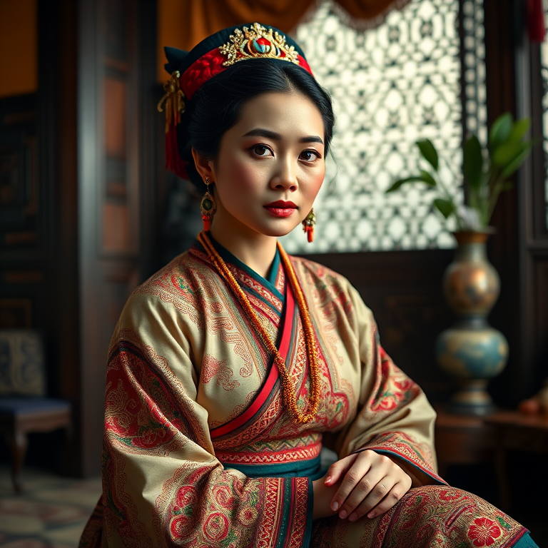 A beautiful Guarani woman in traditional East Asian attire, intricately detailed with embroidered patterns, sitting gracefully in a richly decorated room, soft ambient lighting, serene and elegant, ultra-realistic, 8K resolution