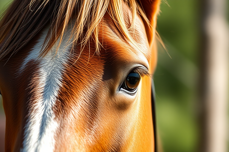 a close-up portrait of a horse's face with a focused gaze, natural light, shallow depth of field, 50mm lens, f/1.8 aperture, ISO 200, soft bokeh background, capturing the texture of the mane and the detail in the eye, photographed with a DSLR camera