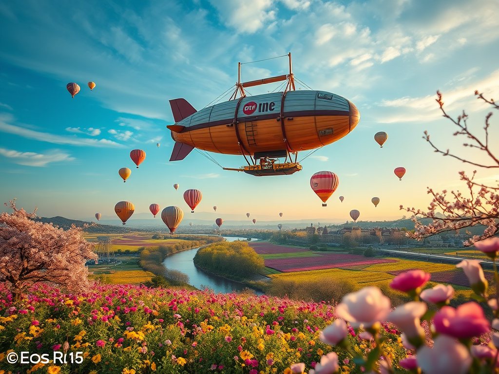 A vibrant landscape featuring a whimsical steampunk airship soaring over lush flower fields and pastel-colored hot air balloons, with cherry blossom trees and a picturesque river, taken with a Canon EOS R5, 24mm f/1.4 lens, f/8 aperture, ISO 100, golden hour lighting, wide-angle perspective, high dynamic range.