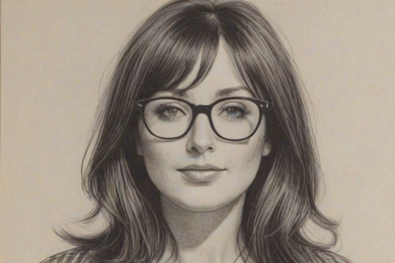 Enticing Shannon Doherty, pencil sketch, portrait of Fascinating woman 1964s in glasses, hair style beatnik, outline, clear lines, fine lines, 8k