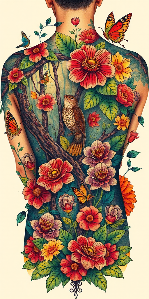 Colorful neo-traditional tattoo titled "Nature's Embrace" showcasing a lush forest scene with vibrant flora and fauna, incorporating elements of Art Nouveau style for a whimsical full back piece