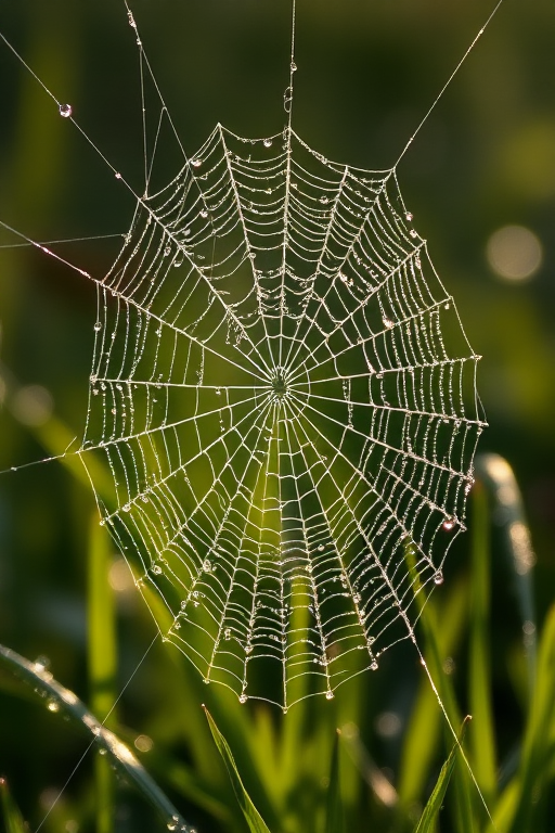 High-resolution close-up of a dew-covered spiderweb glistening in the early morning light, soft focus on the surrounding grass, with tiny droplets of water sparkling like diamonds.