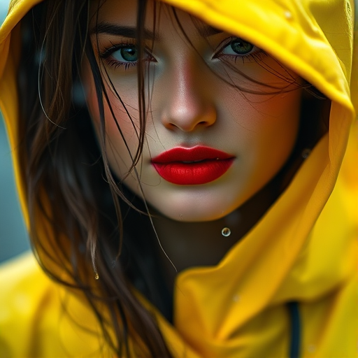Close-up of a woman in a yellow raincoat with wet hair and vibrant red lips, illuminated by soft diffused light, with rain in the background capturing sharp details, shot with a Canon EOS R5, 85mm f/1.2 lens, aperture f/1.8, ISO 200, shutter speed 1/200s, in a shallow depth of field for a soft bokeh effect.