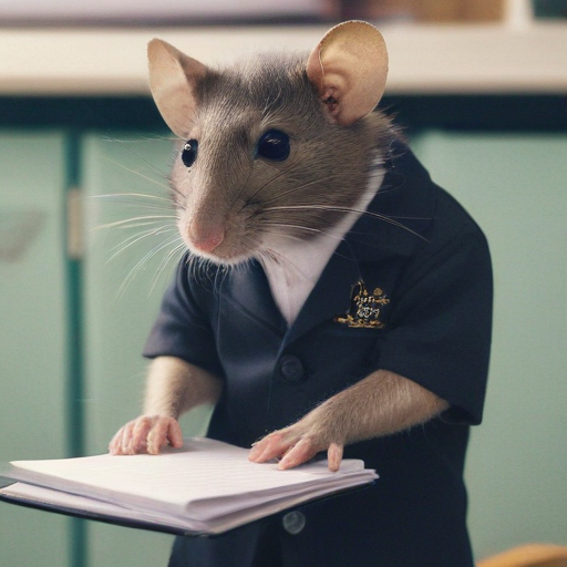 rat in a school uniform writing in a notebook