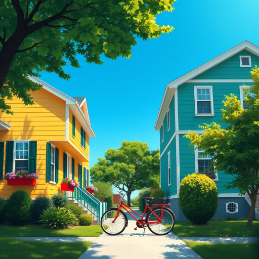 create a vibrant and colorful illustration of two houses with flower boxes, one yellow and one teal, with a red bicycle in front, lush green trees, a sidewalk, and a clear blue sky, using a Canon EOS 5D Mark IV, 24mm lens, f/8 aperture, 1/250 sec shutter speed, and a wide-angle perspective to enhance detail and brighten colors