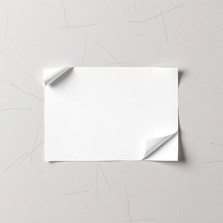 Create a high-resolution image of a blank white paper with a partially curled edge, using a Canon EOS R5 camera with a 50mm f/1.2 lens, aperture set to f/2.8, ISO 100, shutter speed 1/200s, natural soft lighting, top-down view for a clean and minimalist aesthetic.