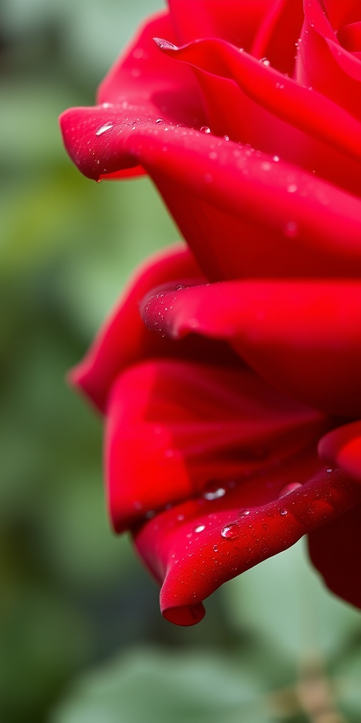 photograph of a deep red rose in full bloom with dewy petals, macro view, using a DSLR camera with a 50mm lens, aperture f/2.8, ISO 100, natural lighting to enhance colors and details.