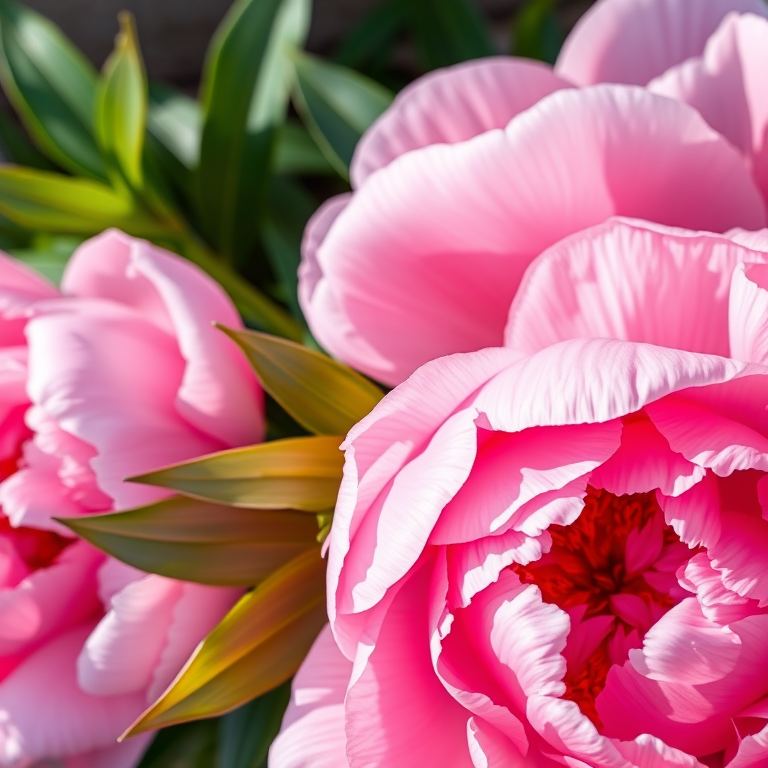 Create a high-resolution digital illustration of two pink peonies with detailed petals and leaves, soft natural lighting, macro lens, f/2.8 aperture, ISO 100, 50mm lens, top-down view, vibrant colors and sharp focus.