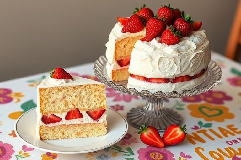Create an image of a fluffy white cake layered with whipped cream and fresh strawberries on top, served on a decorative cake stand, with a slice of the cake on a plate beside it, showcasing the strawberries inside the cake, set on a colorful patterned tablecloth.