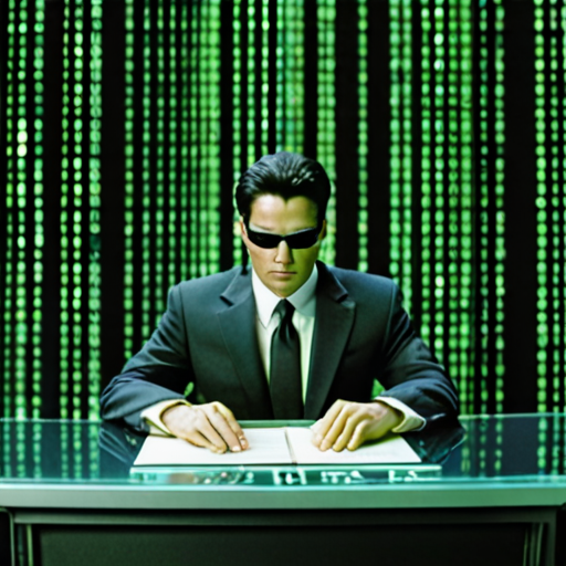 a news desk with a matrix coded man sitting at it as the world wakes ...