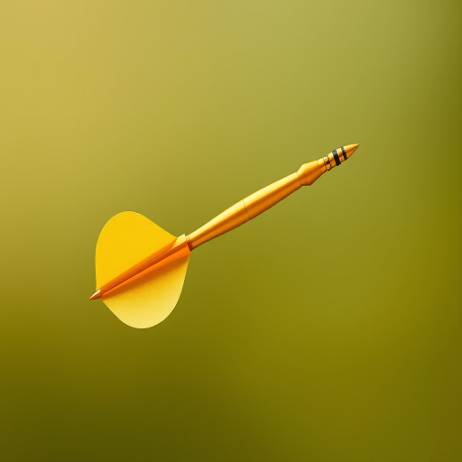 Create a high-resolution image of a golden dart with a sleek design, shot with a 50mm lens, aperture f/1.8, ISO 100, soft lighting, and a blurred gradient background to enhance focus on the dart.