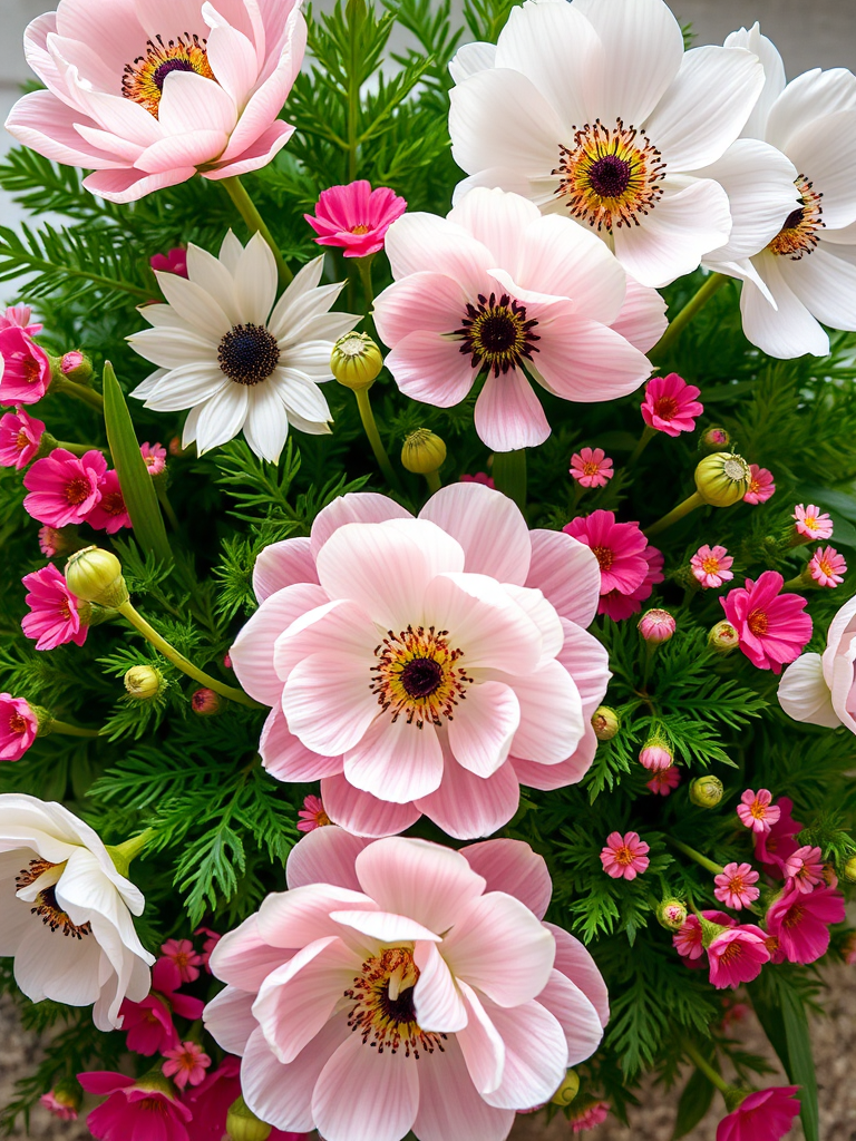 generate a vibrant floral arrangement featuring large white and pink anemones surrounded by green foliage and smaller pink flowers, taken with a DSLR camera, 50mm lens, f/2.8 aperture, ISO 100, top-down view, natural lighting, high-resolution for enhanced detail
