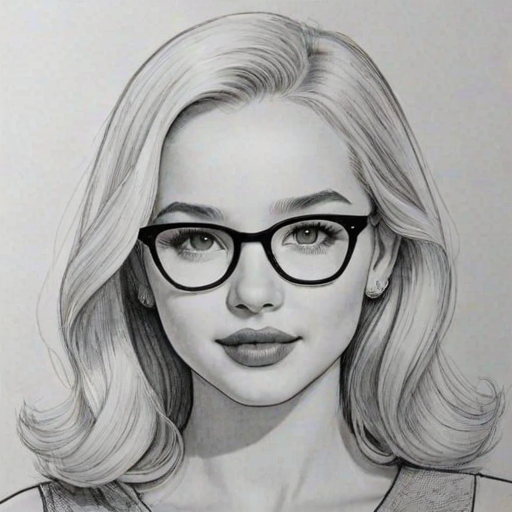 Delightful Dove Cameron, pencil sketch, portrait of Ravishing woman 1949s in glasses, hair style beatnik, outline, clear lines, fine lines, 8k