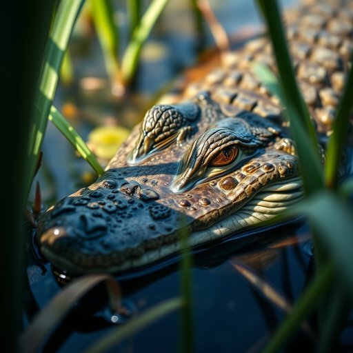 Capture a close-up image of a crocodile resting among aquatic plants, using a macro lens, F/4 aperture, 1/500 sec shutter speed, ISO 200, natural light, and a shallow depth of field for enhanced detail.